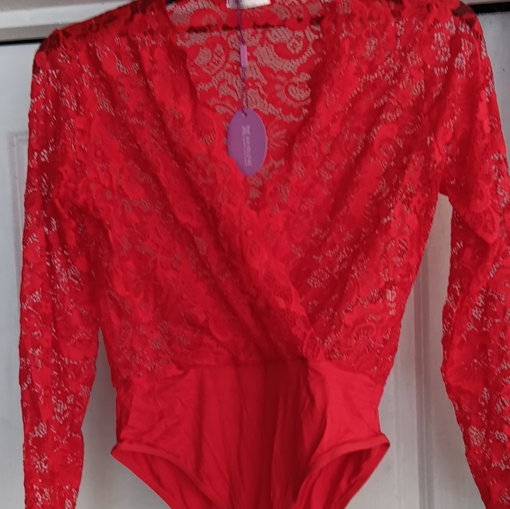 Brand New Red Lace bodysuit with snap crotch.